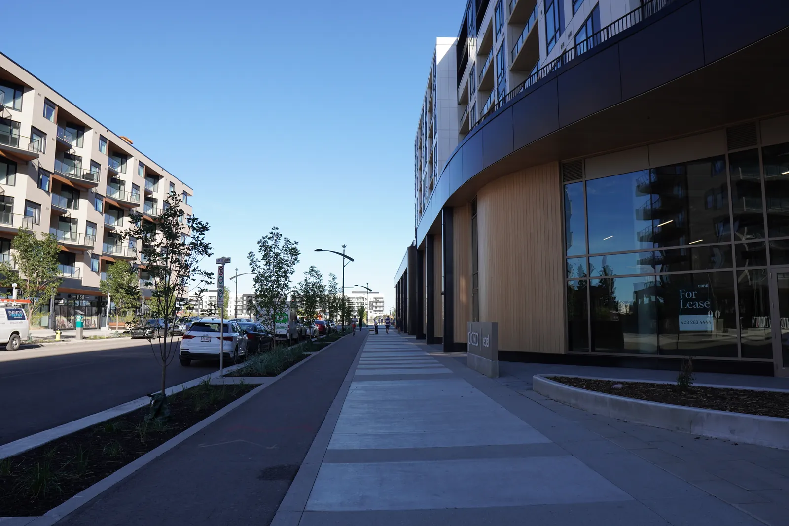 sidewalk along a curved wood and glass base